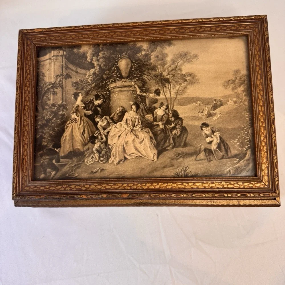 Antique Vintage Jewelry Dresser Parlor Box Victorian Ladies Scene‎ Lid Mirror